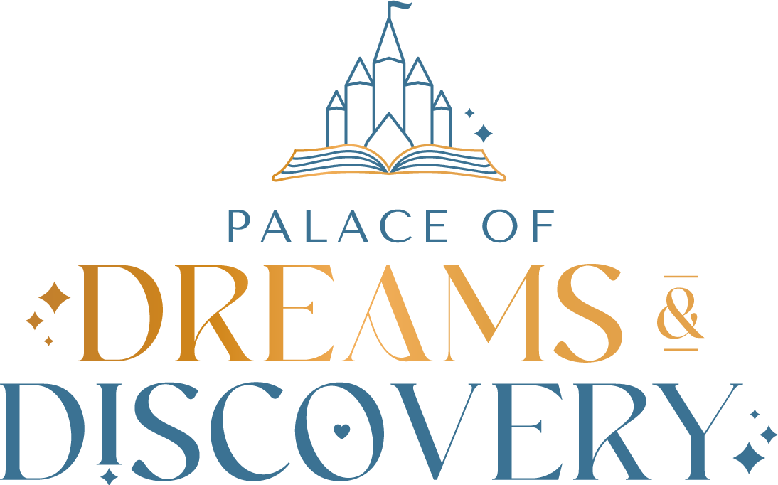 Logo for 'Palace of Dreams & Discovery' with a castle on an open book design.