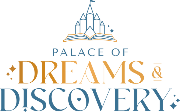 Logo for 'Palace of Dreams & Discovery' with a castle on an open book design.